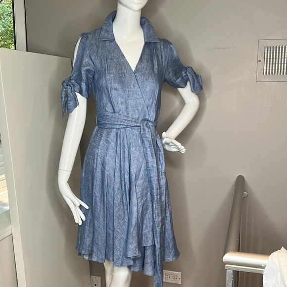 Milly Sz 2 Linen Chambray Blue Valerie Cold Shoulder Wrap Dress - Picture 4 of 11